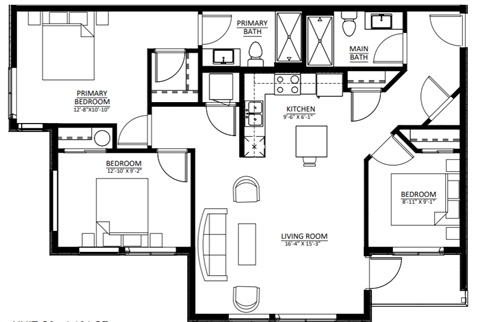 Floor plan for 2 beds, 2 baths, 1121 sqft